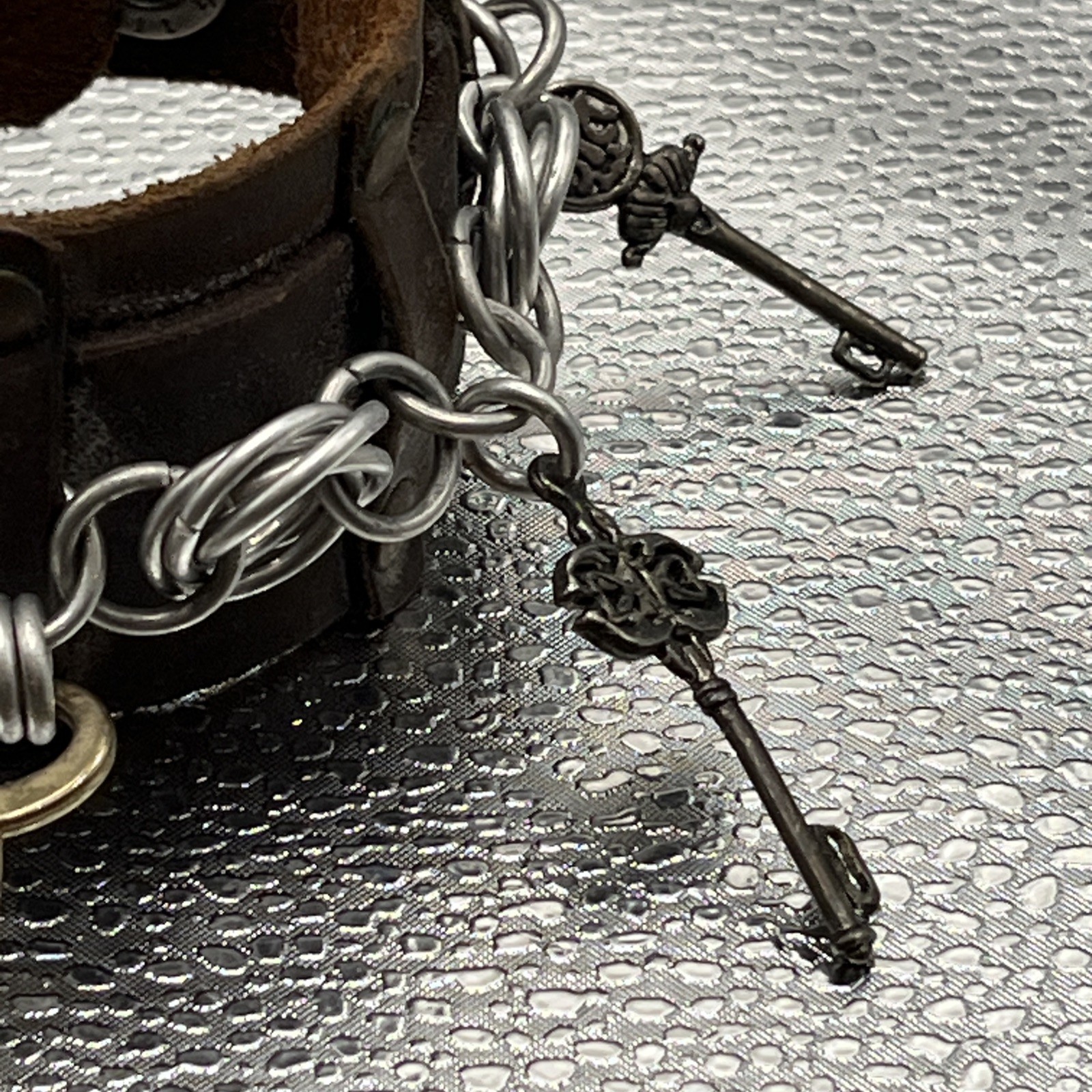 Steampunk Leather Bracelet With Chain And Skeleton Key Charms