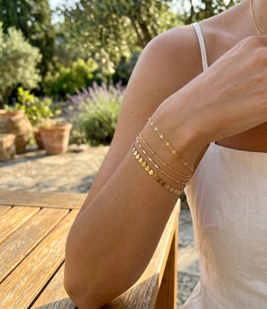 4pc Gold Chain Bracelet Set Boho Disc Tube Layered Charm Bracelets Gift for Her