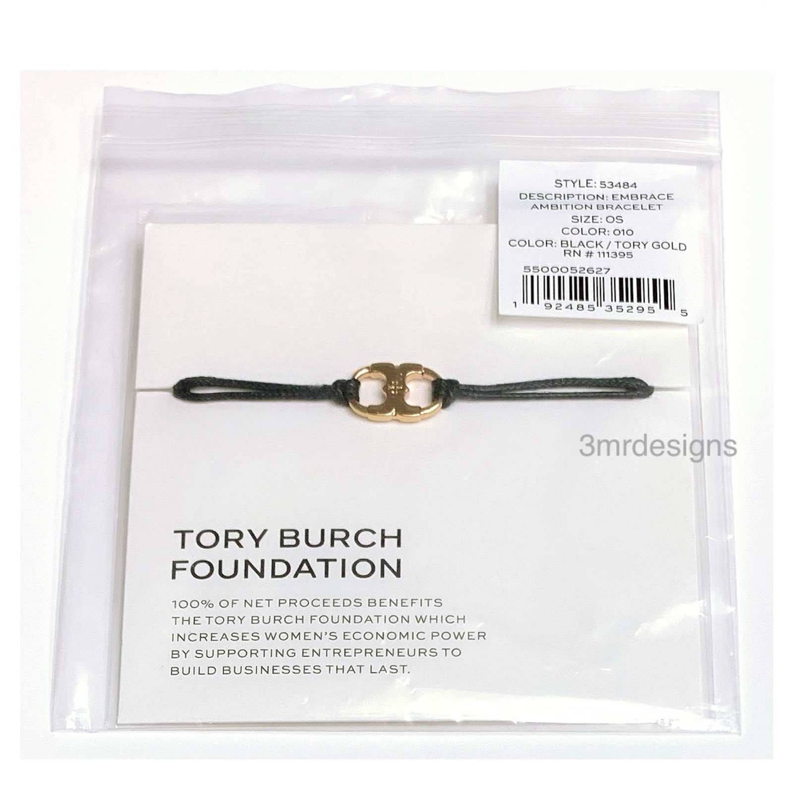 NWT TORY BURCH EMBRACE AMBITION 18K-Gold Plated Brass Black Cord Slider Bracelet
