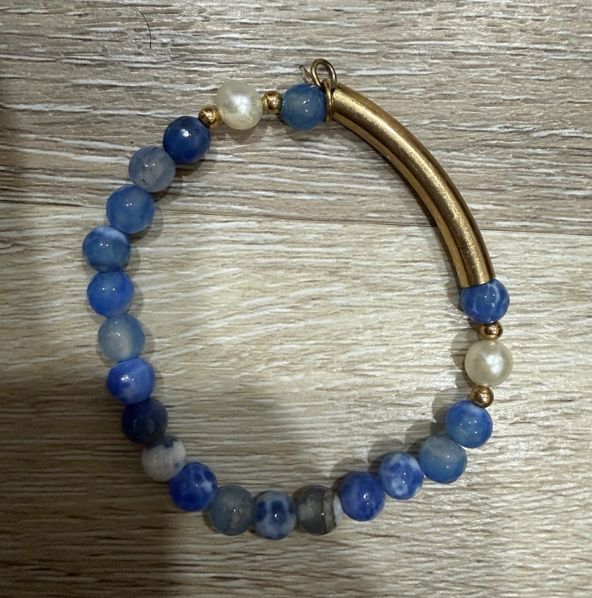 Blue Beaded Slip-On Stretch Bracelet Gold Tone Tube Bar Accent with Pearls
