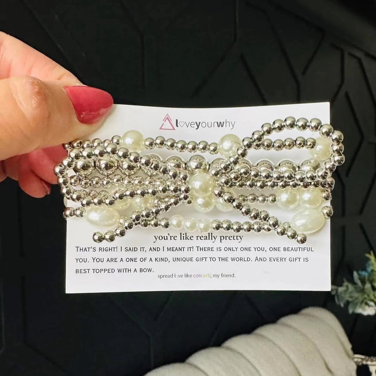 Silver Beaded Pearl & Bow Bracelet Set – Stackable Layering Jewelry