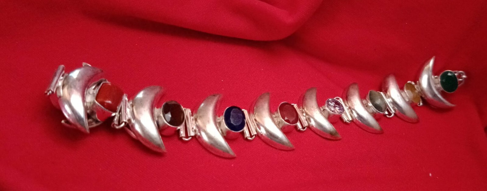 Beauty Navratna Artificial Multicolor Gemstone Silver Moon Bracelet for Unisex