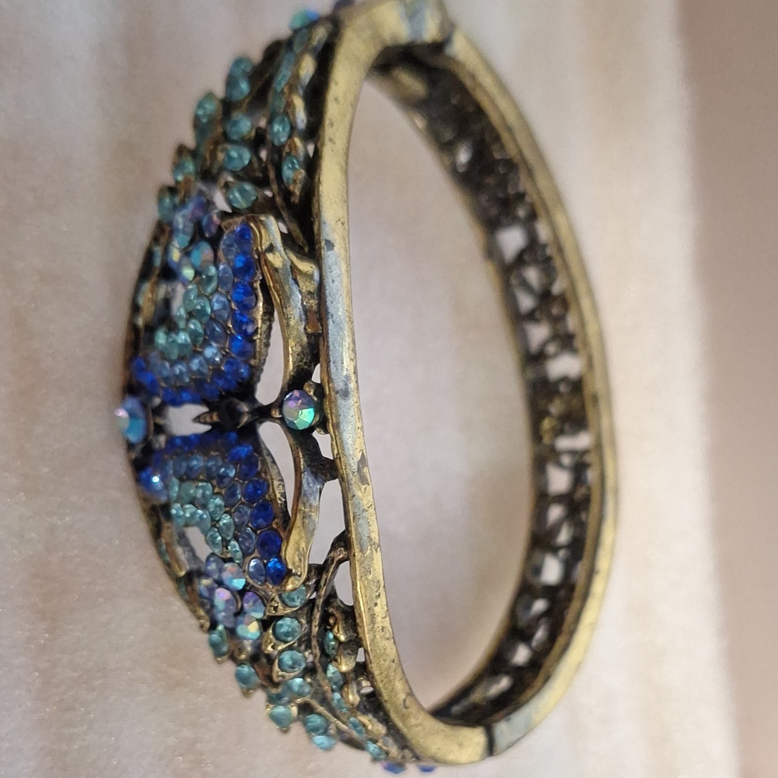 Gold Tone Blue Crystal Rhinestone Pavé Butterfly Leaf Cuff Bracelet