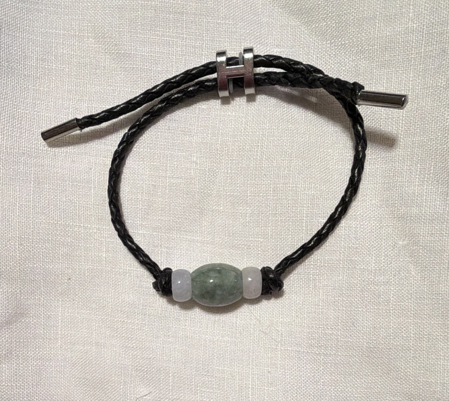 Green Jade Barrel Bead Black Braided Adjustable Bracelet Slide Closure 3 Beads