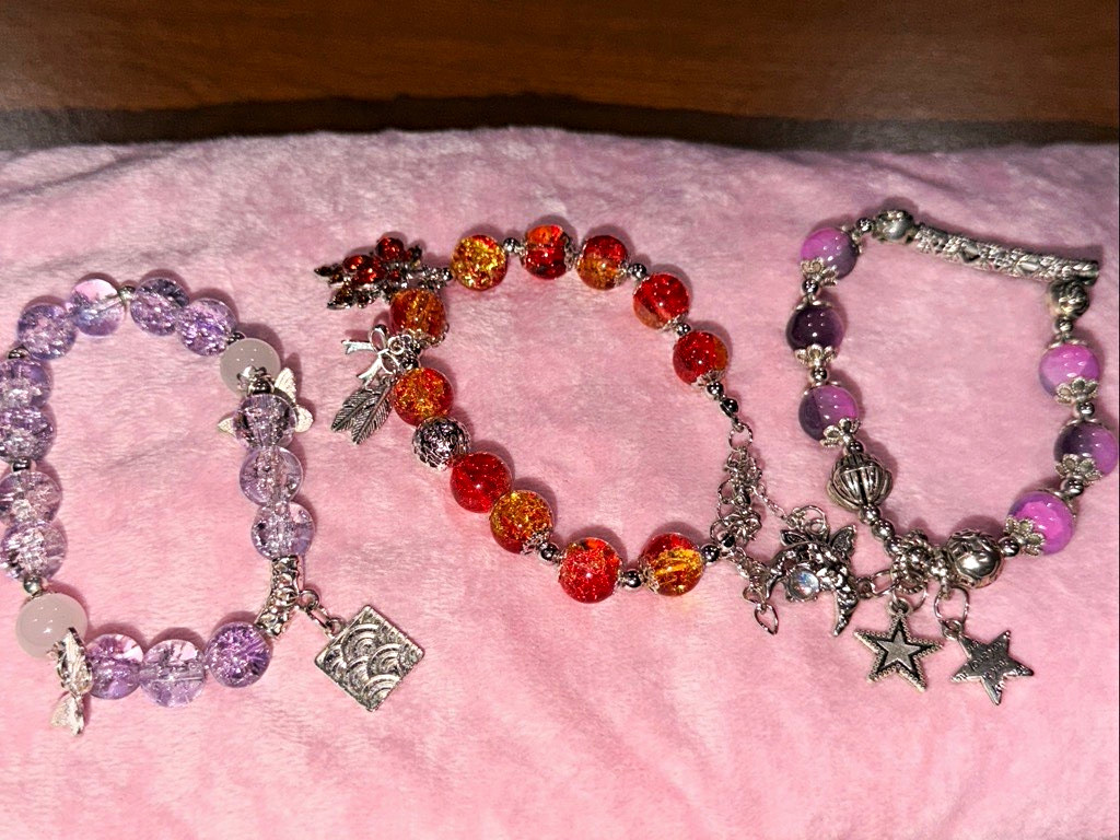 Lot of 3 Beaded Dangle Charm Bracelets, Silver/Purple Multicolor Butterfly/Stars