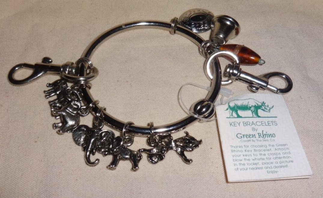 VINTAGE Green Rhino Key Bracelet Travelers Charms Elephants Africa NWT