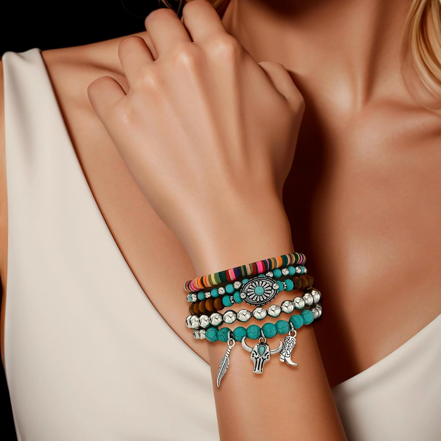 Western Bracelets for Women Cowgirl Turquoise Beaded Bracelets Stackable Bracele