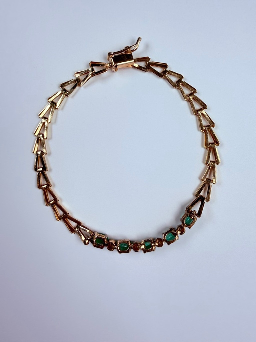 14K Solid Yellow Gold Emerald & Diamond VTG Chevron Arrow Link Tennis Bracelet