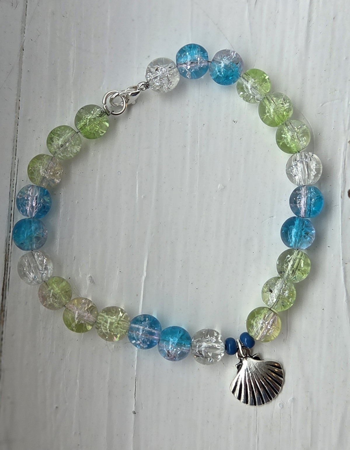 Blue Green Clear Beaded Glass Bracelet Lobster Clasp Dangle Shell Charm