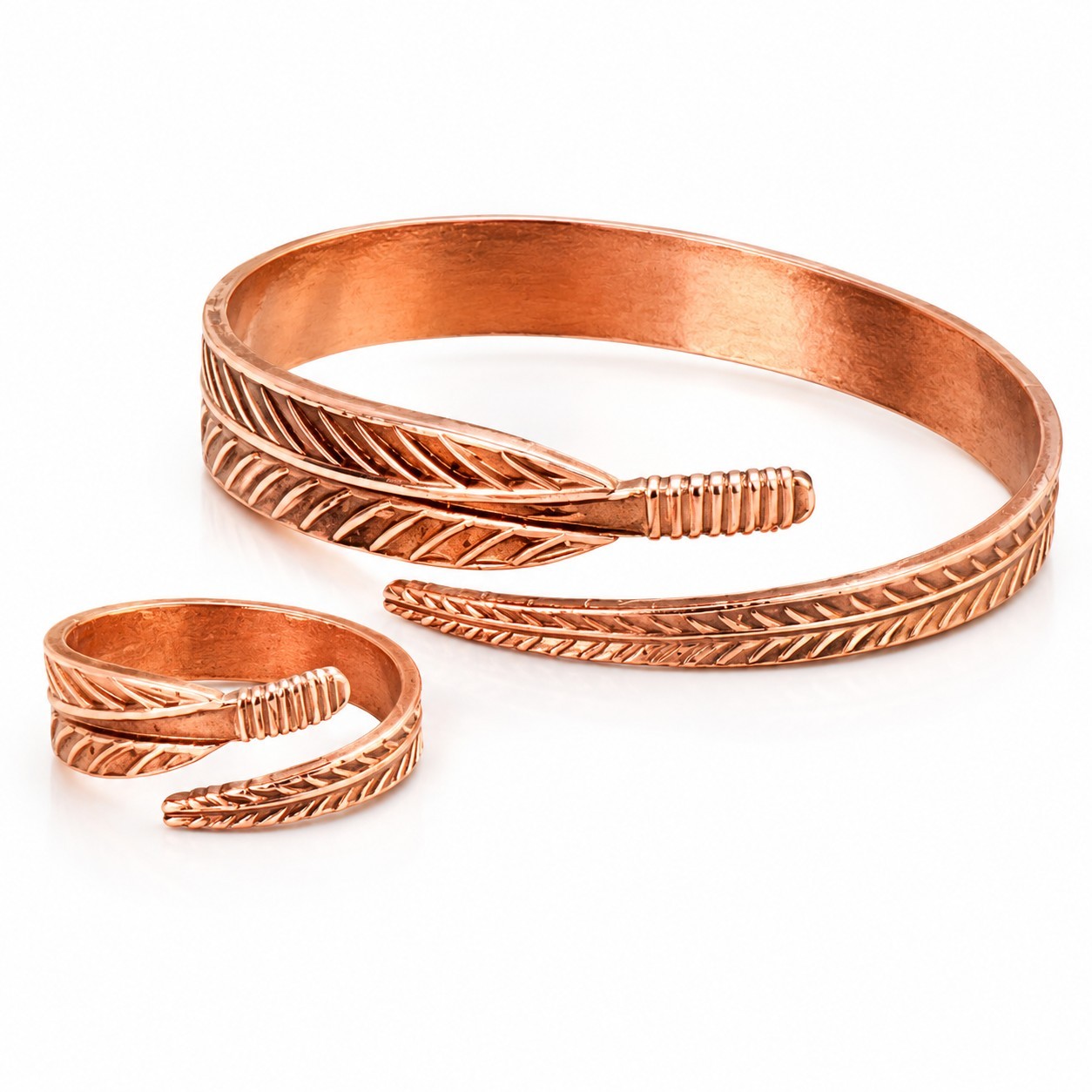 Pure Copper Feather Jewelry Set – Adjustable Bracelet & Ring, Nature Inspired.