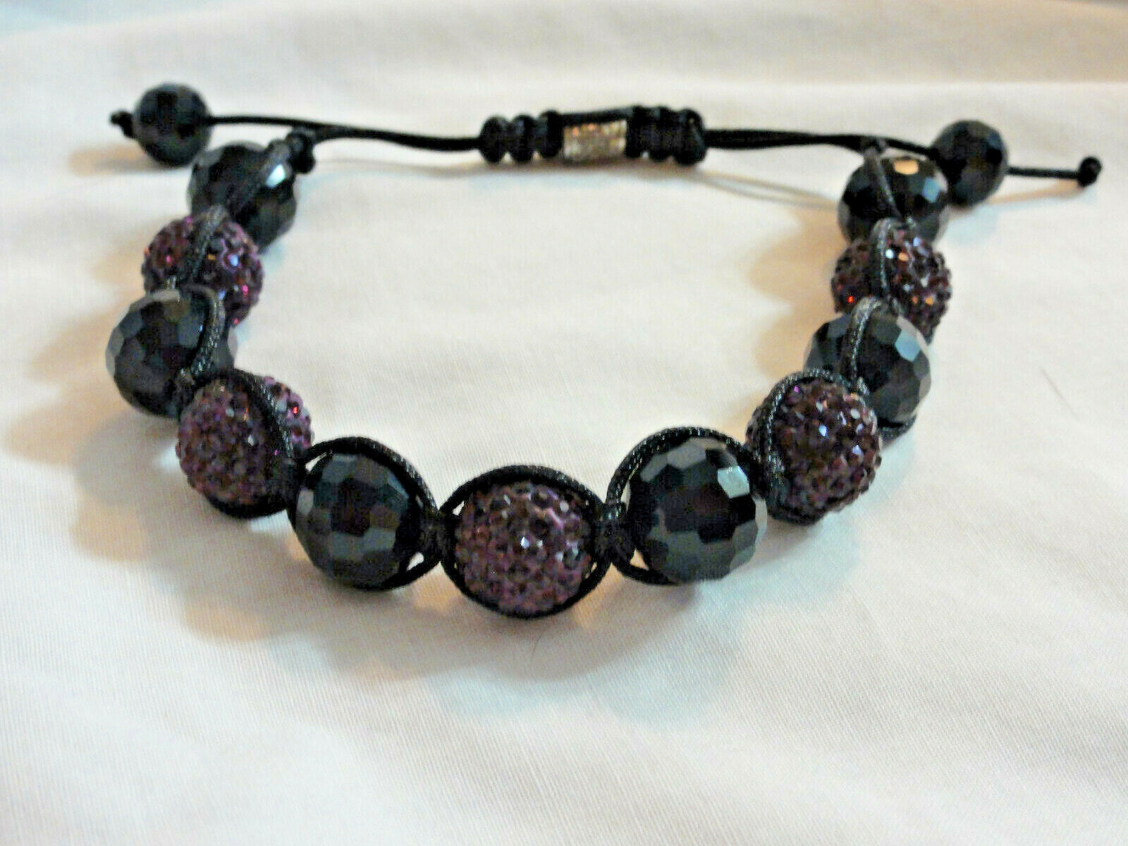 Purple / Violet & Black Pull-Cord Glass Bead Bracelet ~ Adjustable