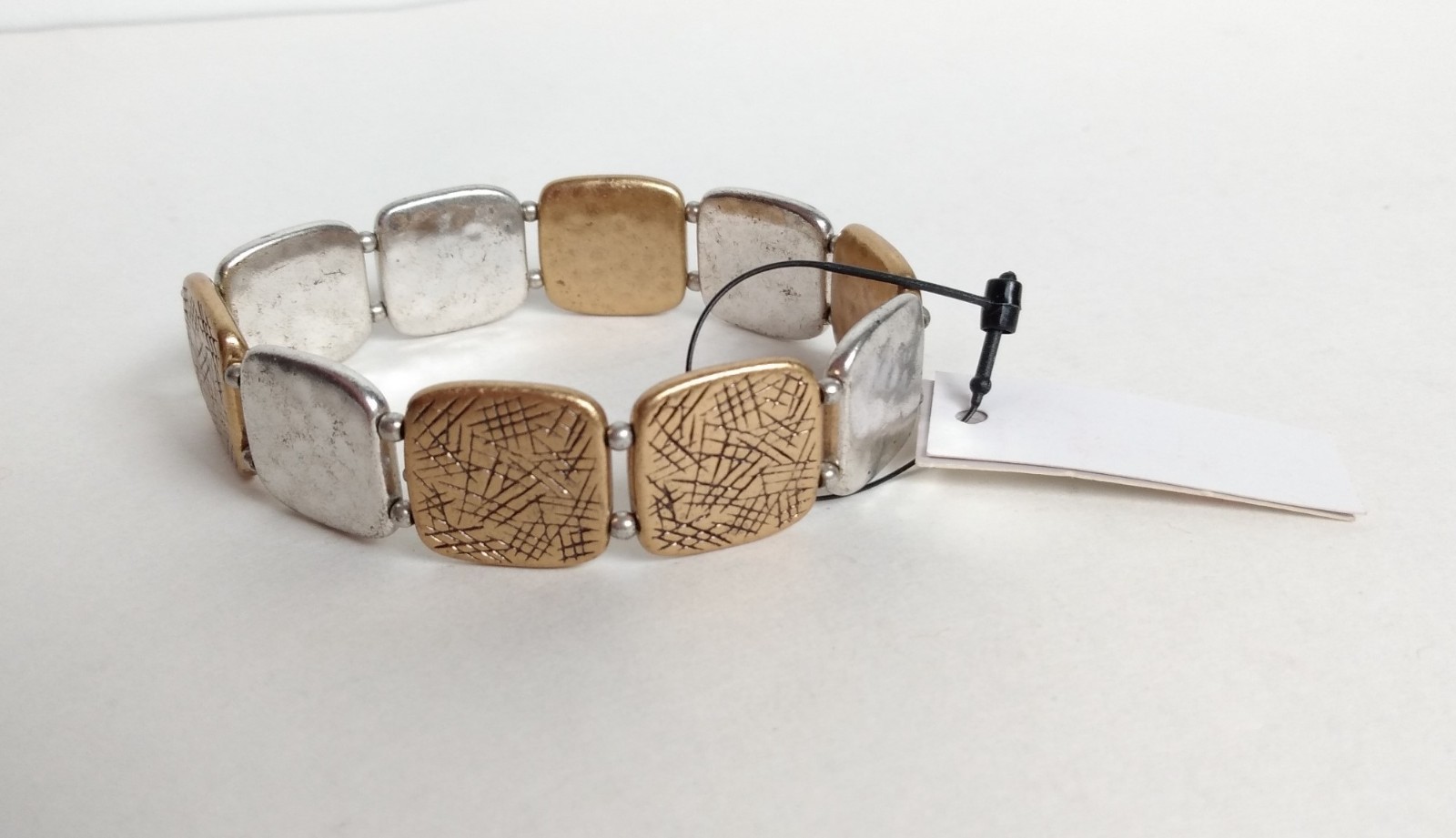 Chico’s Stella Silver Gold Tone Textured Squares Stretchy Bracelet New NWT