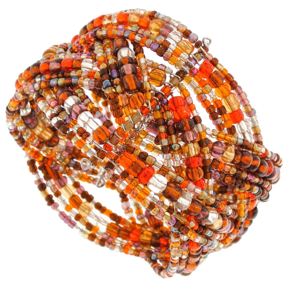 Orange Brown Peacock Silver Beads Braided Memory Wire Cuff Bracelet