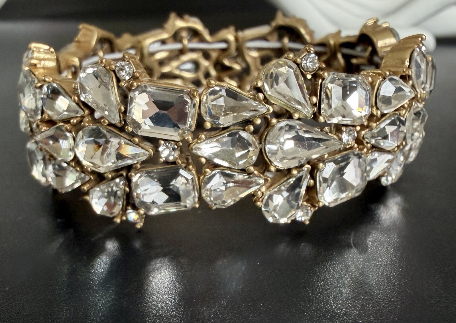 J. Crew Statement Bracelet Gold Tone Clear Crystal Cluster Stretch Wedding