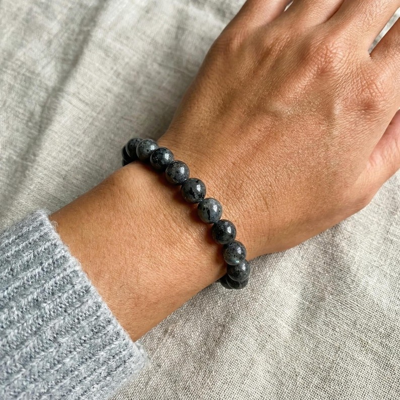 Labradorite Stretch Bracelet Natural Gem Beads, Minimal Unisex Wrist Style
