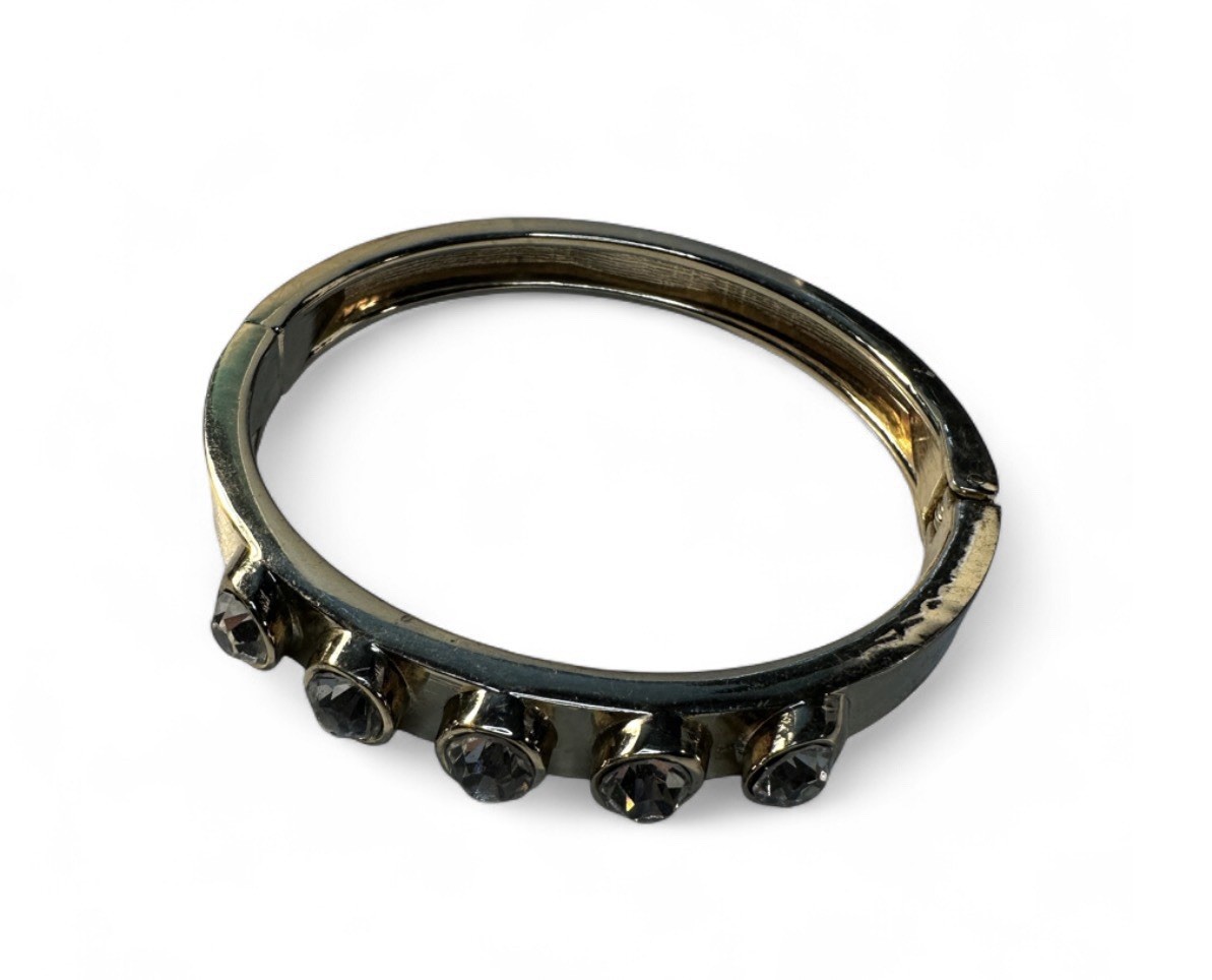 Gold Tone Curved Band Bracelet w/ 5 Bezel-Set Clear Round Crystals