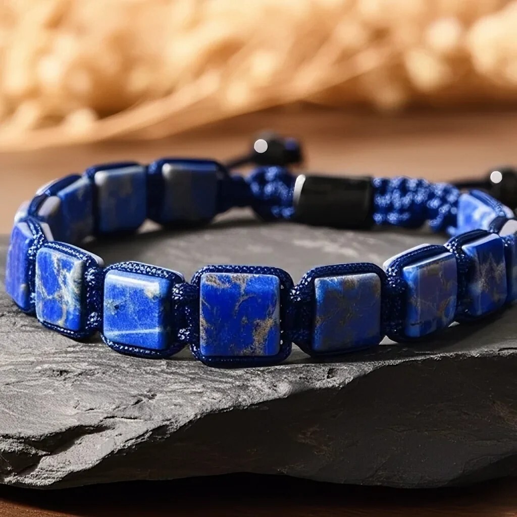 Natural Lapis Lazuli & Black Onyx Men’s Square Beads Healing Protection Bracelet