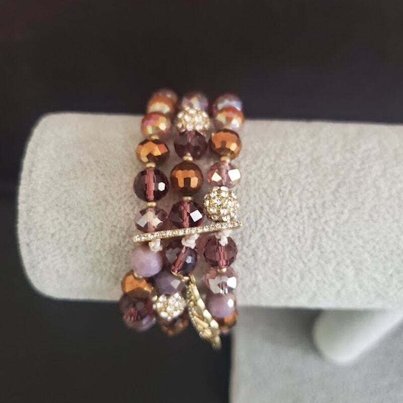 lonna & lilly Stretch Bracelet with Feather Charm Amber and Purple Beads NWT
