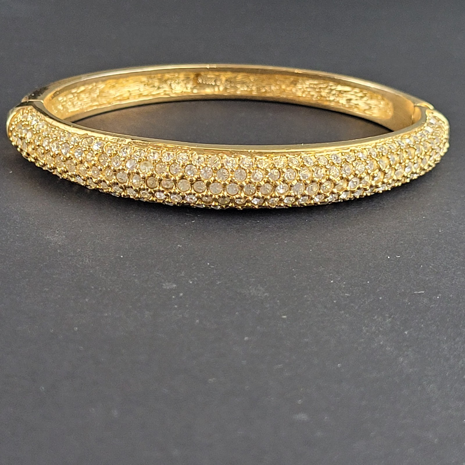 Gold Tone Hinged Bangle Bracelet Clear Channel Set Crystals 6″ Signed Roman