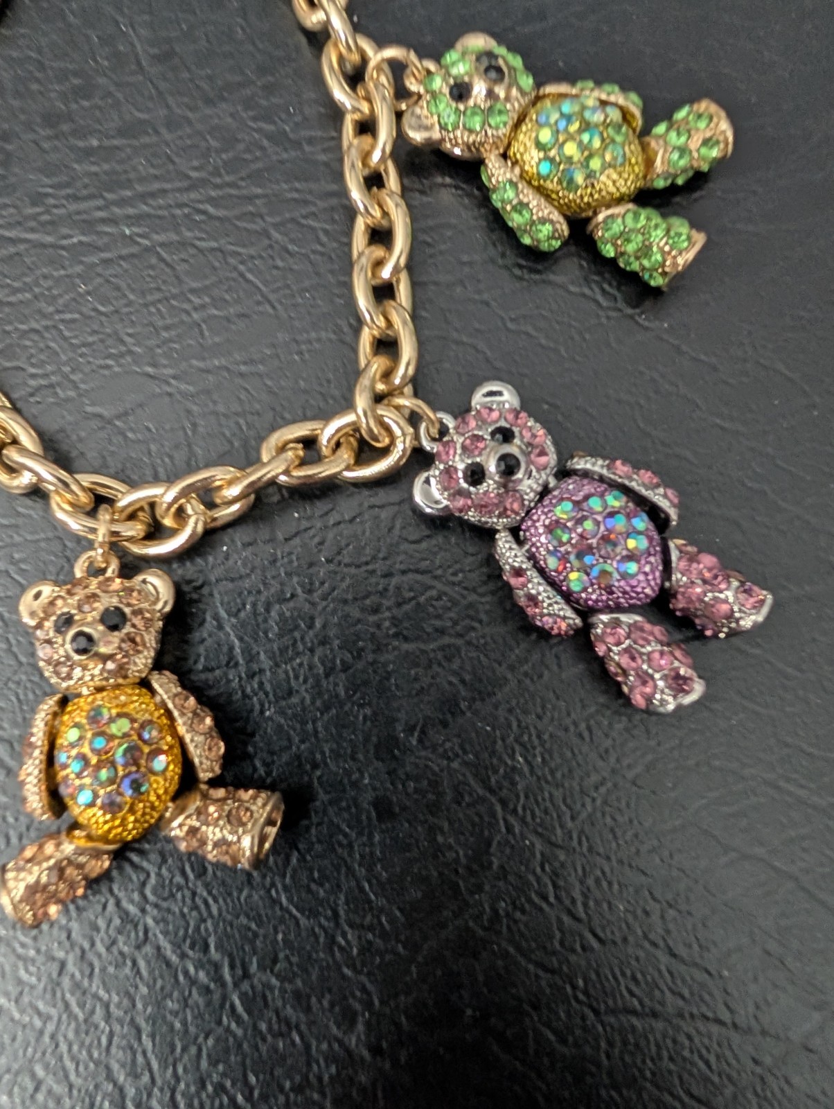 RARE Off Park R Collection Jointed Teddy Bear Charms Bracelet Gold & Silver Pave
