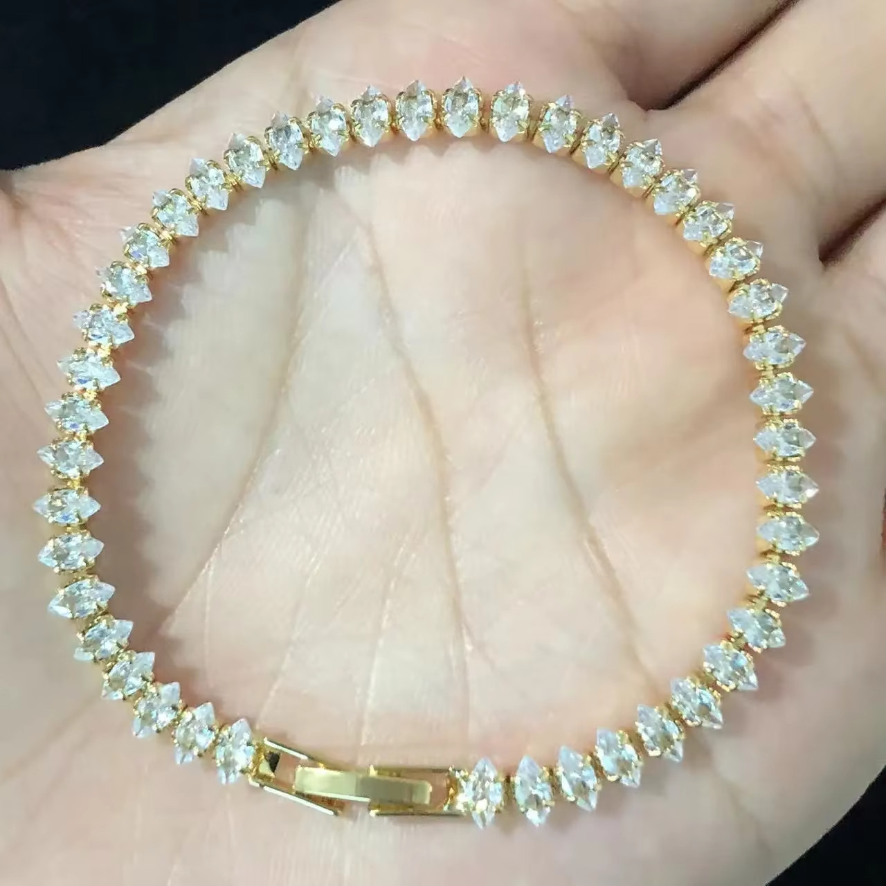 14k yellow gold plated tennis bracelet marquise cut simulated diamonds 7” long