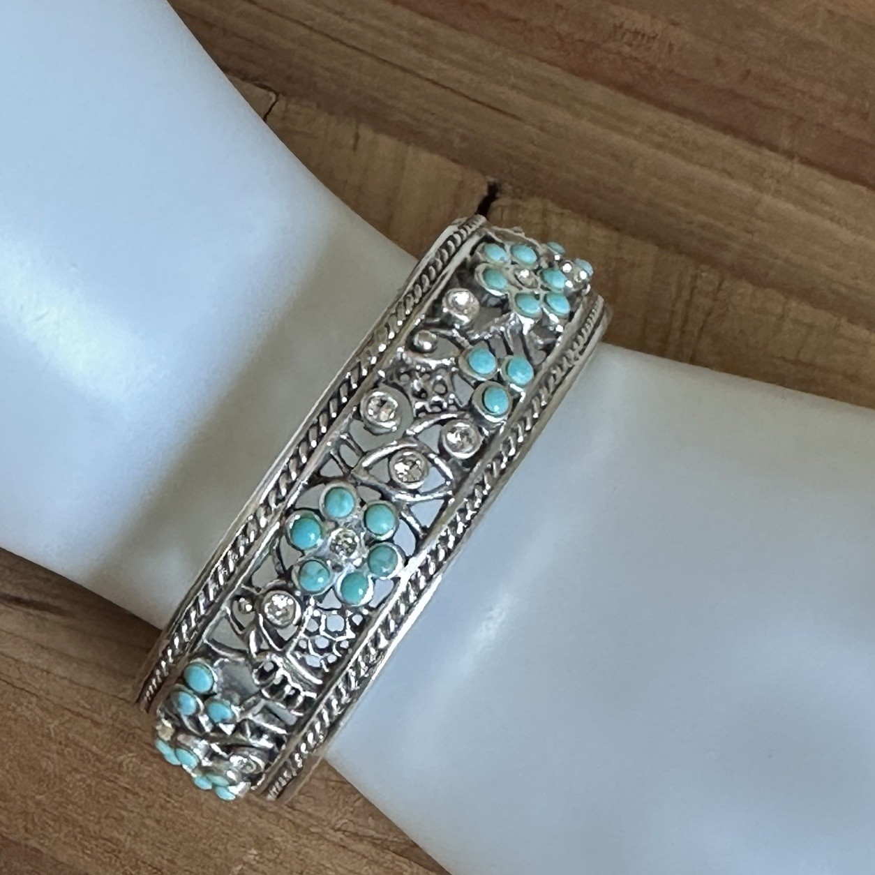 Barse Open Cuff Bracelet 6.5 Inch Turquoise Clear CZ Floral 925 Sterling 53.8g