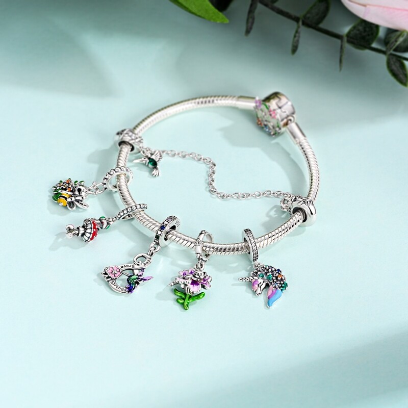 MULA S925 Sterling Silver Charm CZ Enamel Green Forest Flower For Women Bracelet