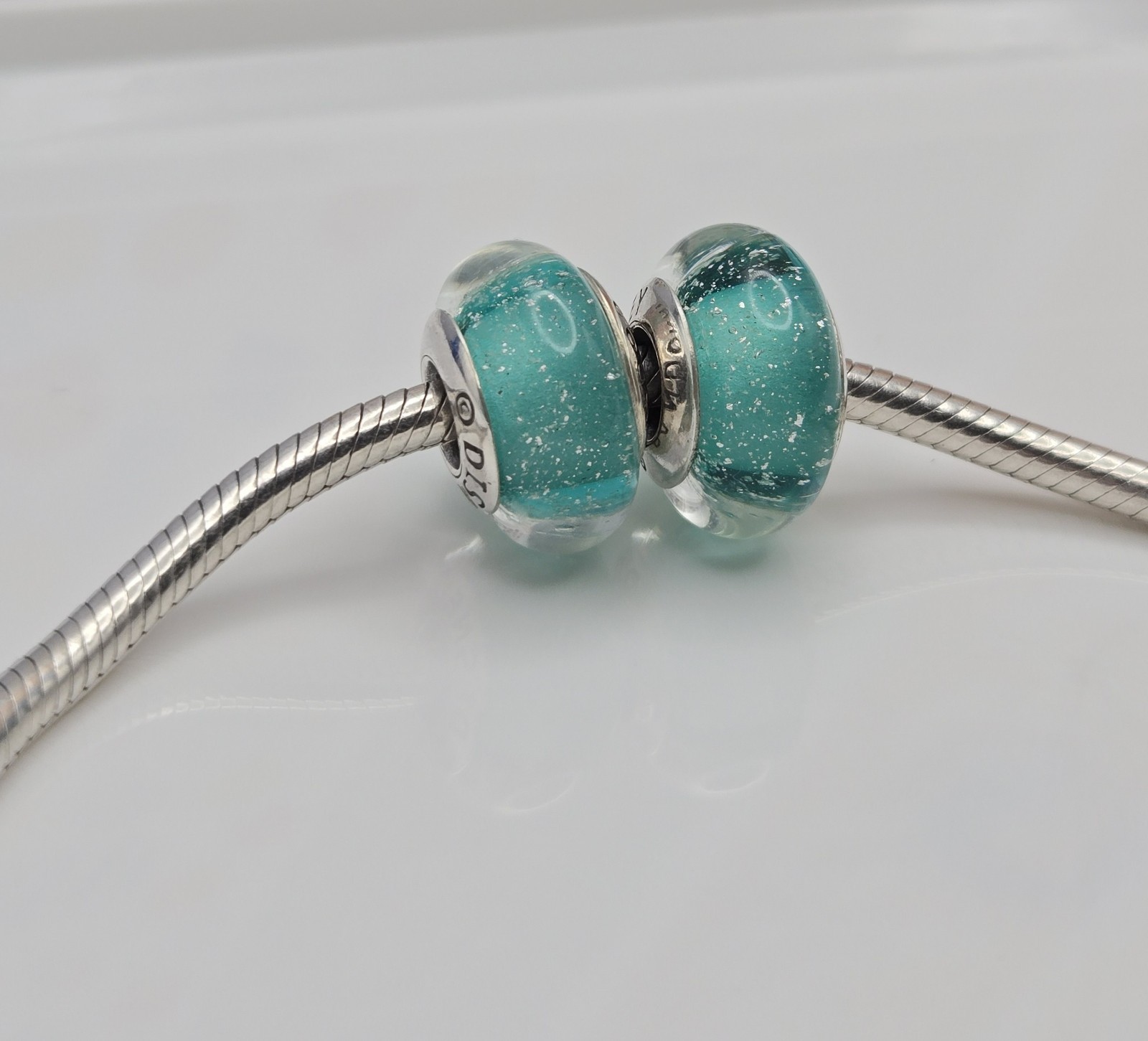Authentic Pandora Pair of Disney ARIEL teal Charms Murano Glass