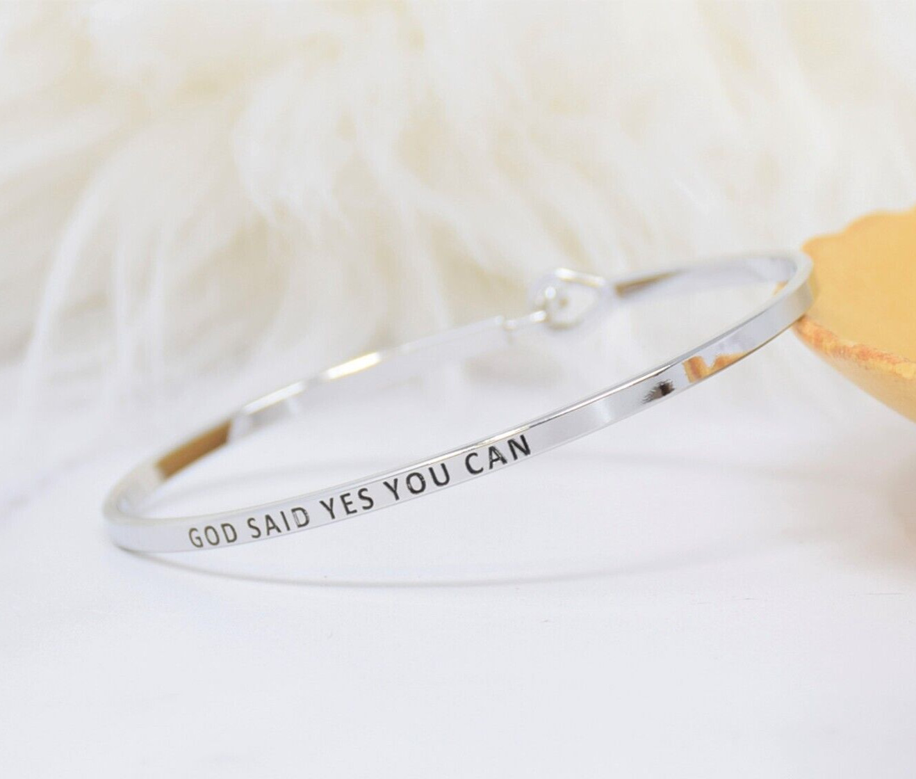 GOD SAID YES YOU CAN | Inspired Message Engraved Simple Bangle | SILVER