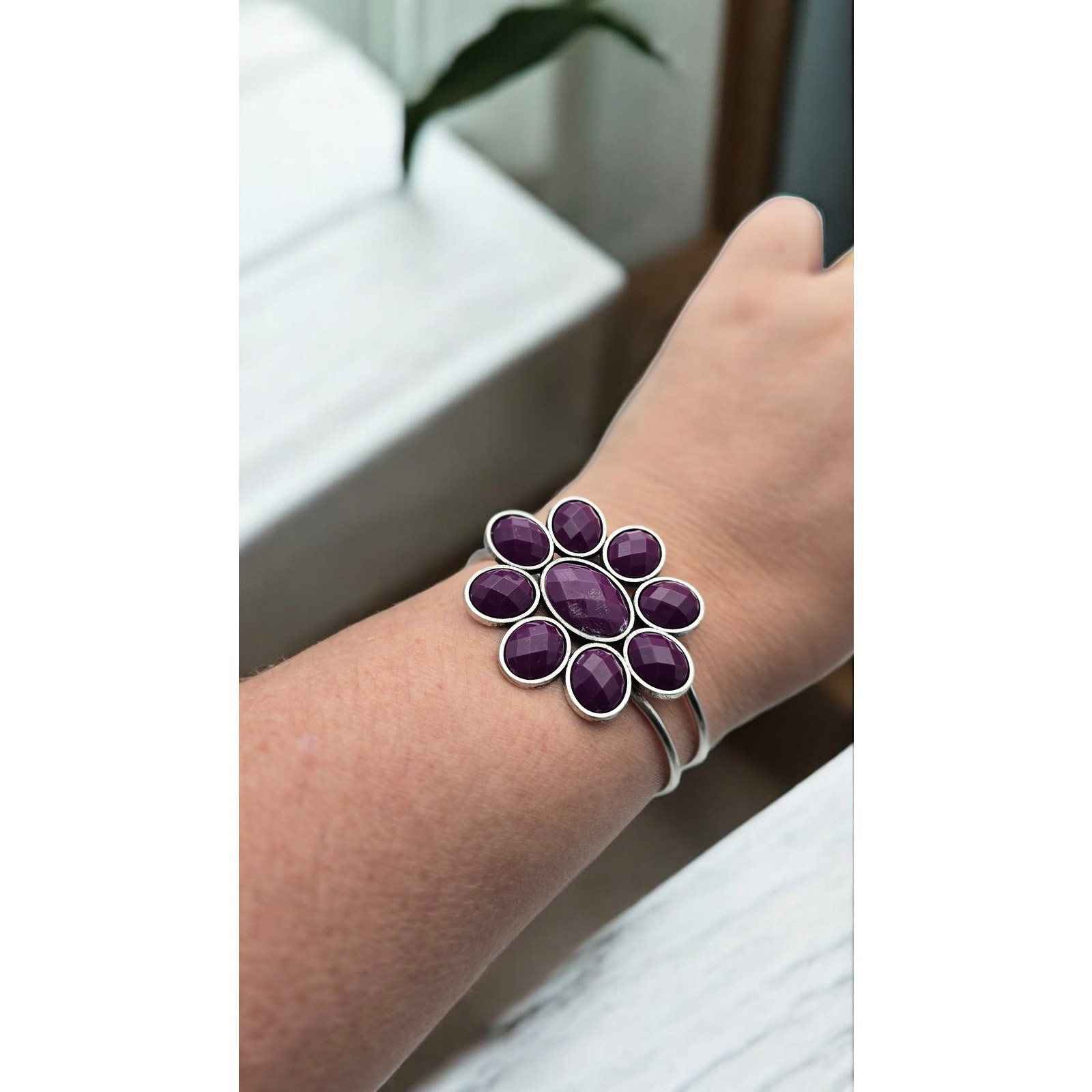 Plum Purple Stone Flower Cuff Bracelet Faceted Cluster – Romantic Statement