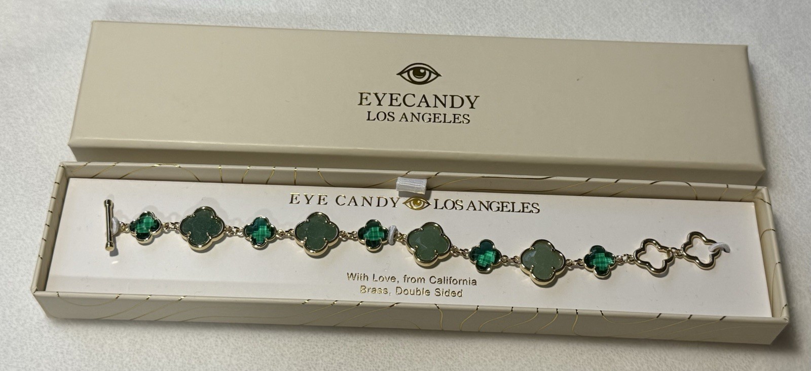 Eyecandy Los Angeles Green Clover Brass Double-Sided Bracelet New