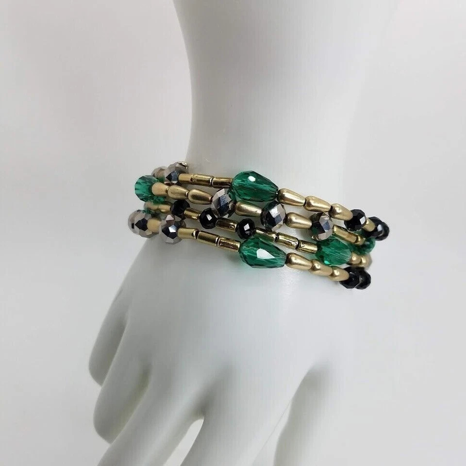 Fashion Beaded Memory Wire Coil Bracelet Green Black Gold Tone Multi Strand Wrap