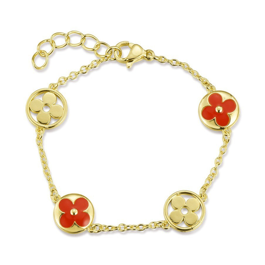 Gold Tone Cable Chain Bracelet Red Enamel Flower Dangle Charms Lobster Clasp