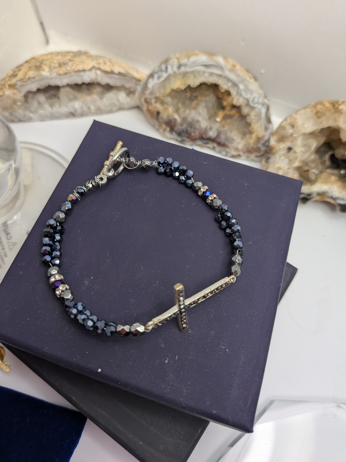Blue Round Crystal Beaded Bracelet, Hematite and silver Tone Cross Dangle Charm