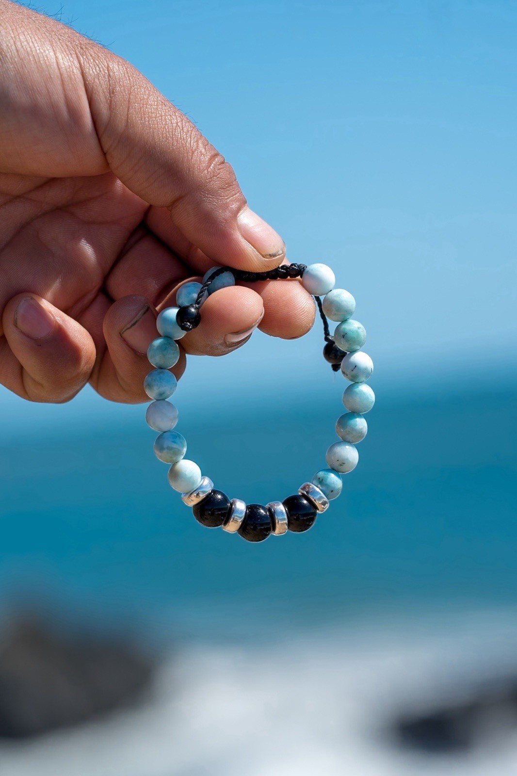 Larimar & Black Tourmaline bracelet – Sterling Silver 925 – 6.5 inch