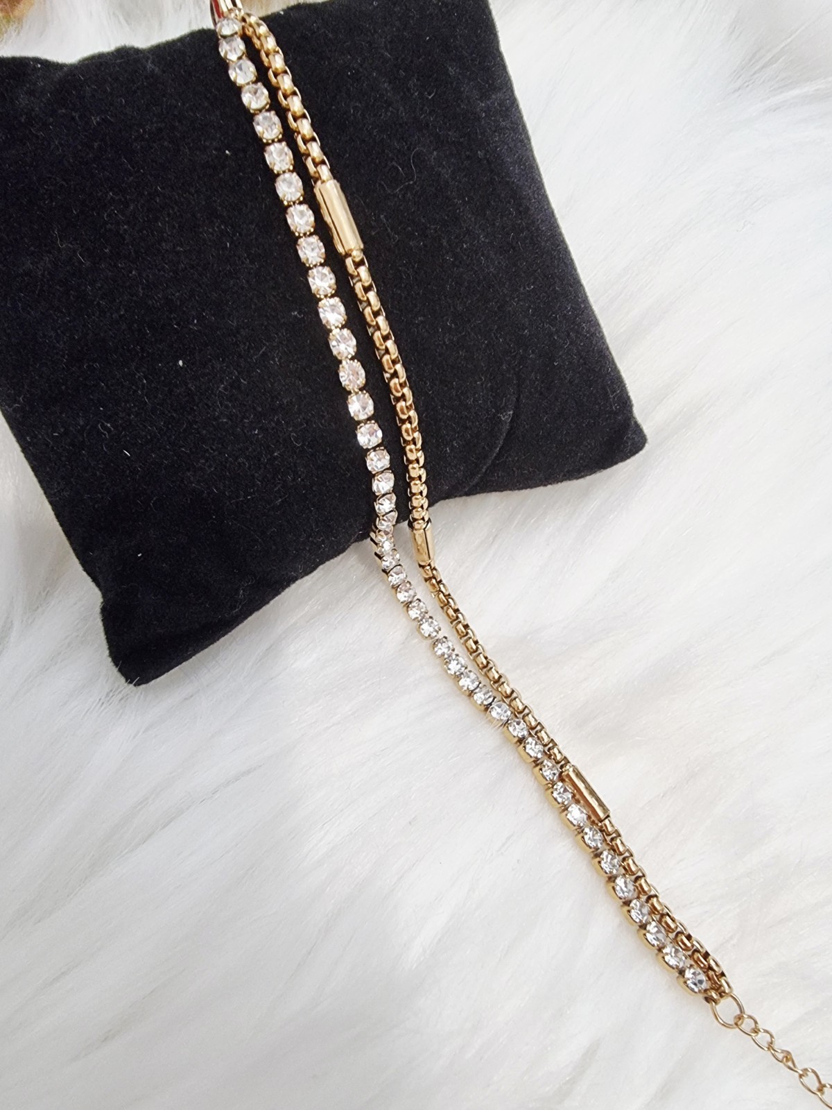 Gold Double Chain Bracelet with Crystal Stones/ Stainless Steel Adjustable