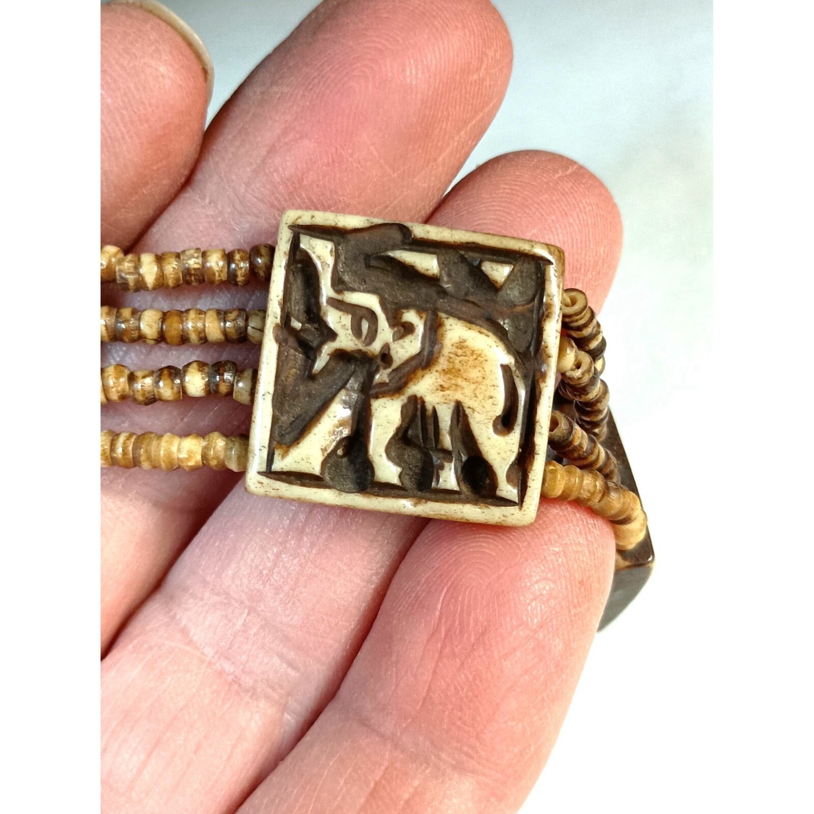 Vintage African Beaded Panel Bracelet Elephant Carved Wood Animal Size 7