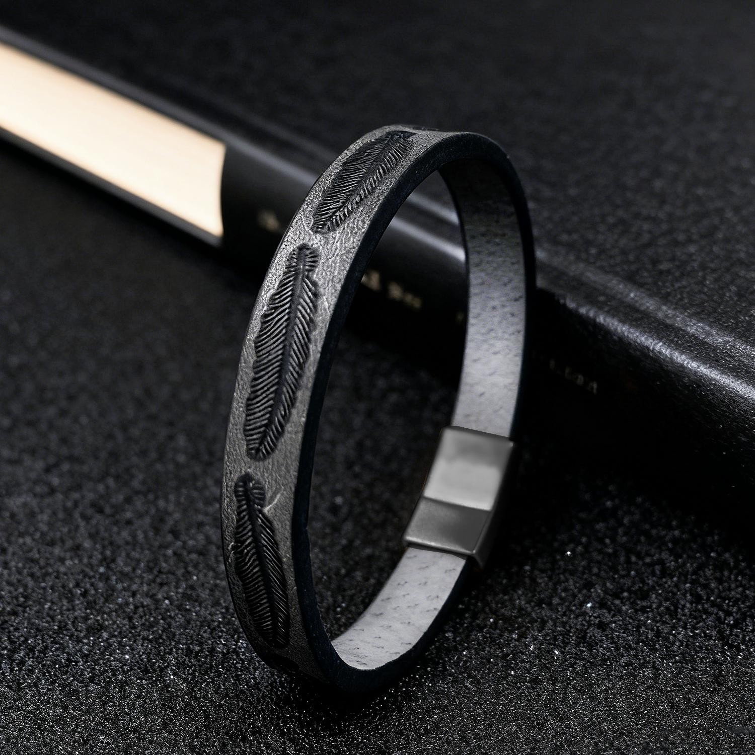 Feather Pattern Leather Cord Bracelet Unisex Minimalist Bohemian Jewelry