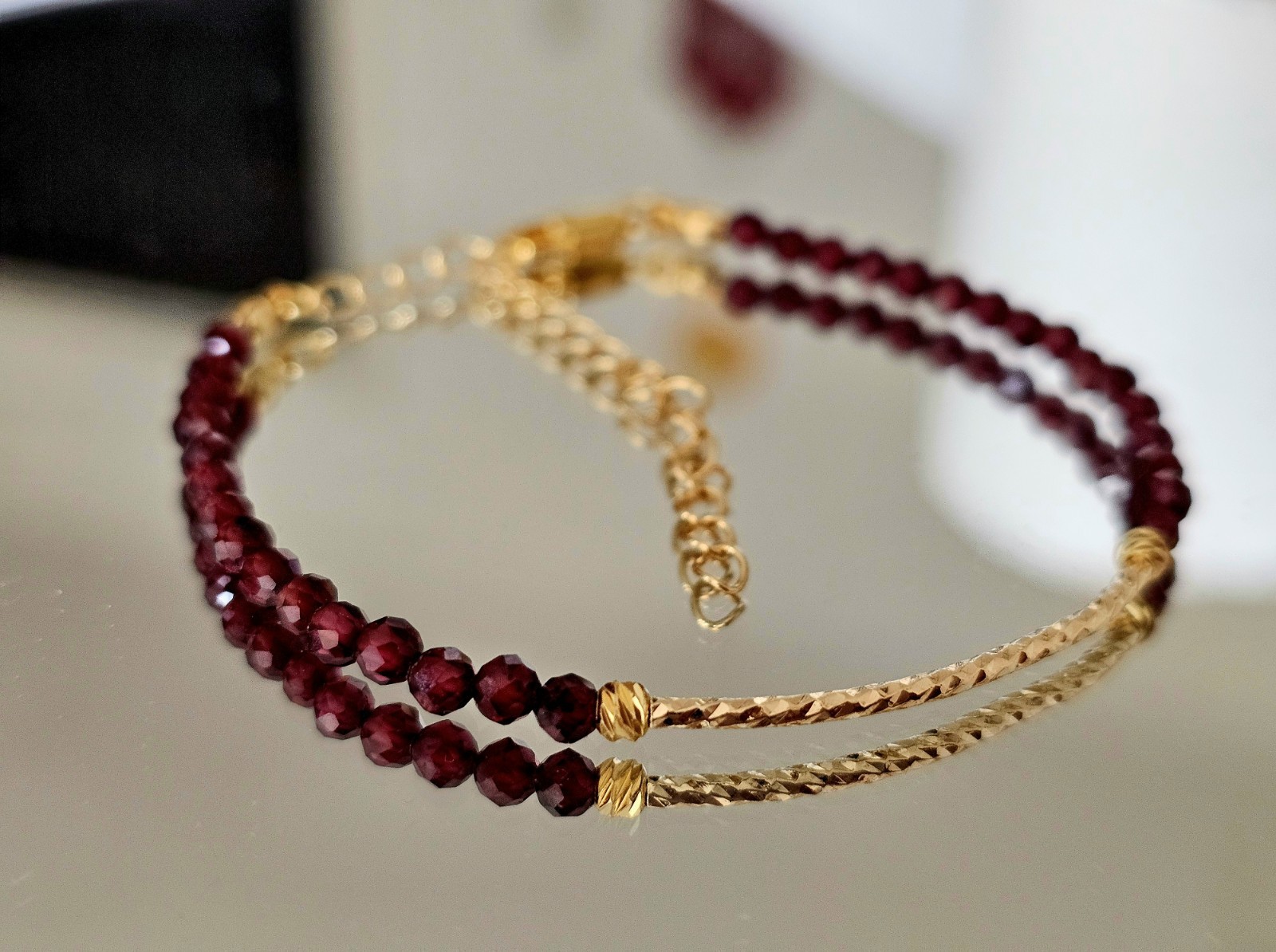 Dainty Garnet Beaded Bracelet 18k Gold Tube January Birthstone