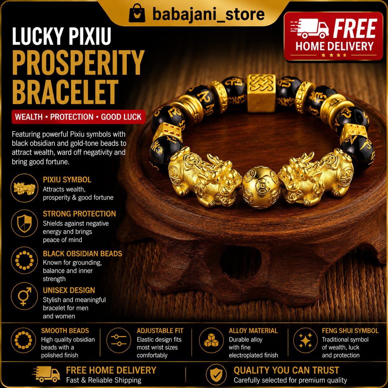 Feng Shui Black Obsidian Beads Bracelet Attract Wealth & Good Luck Bangle pixiu