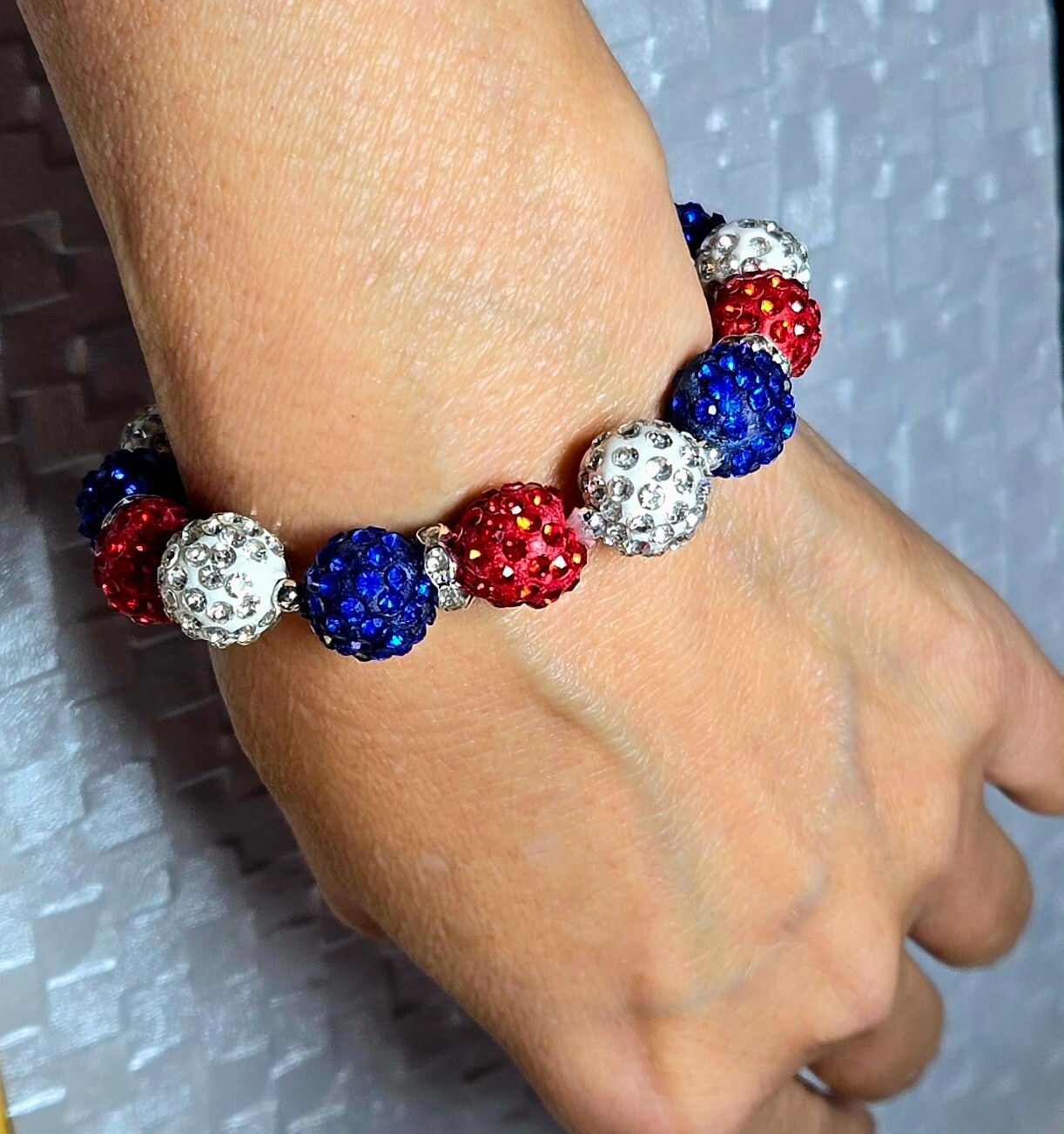 Sparkle Bead Red White Blue Handmade Stretch Bracelet Gift for Woman Beaded