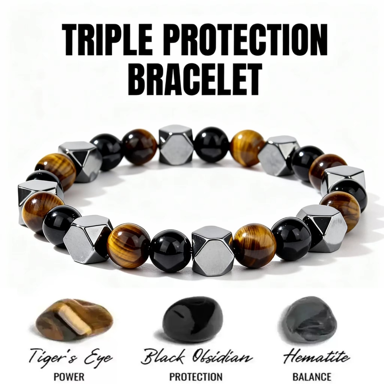 Obsidian Tiger Eye Hematite Bracelet Triple Protection Bangle 6-8Inch Women Men