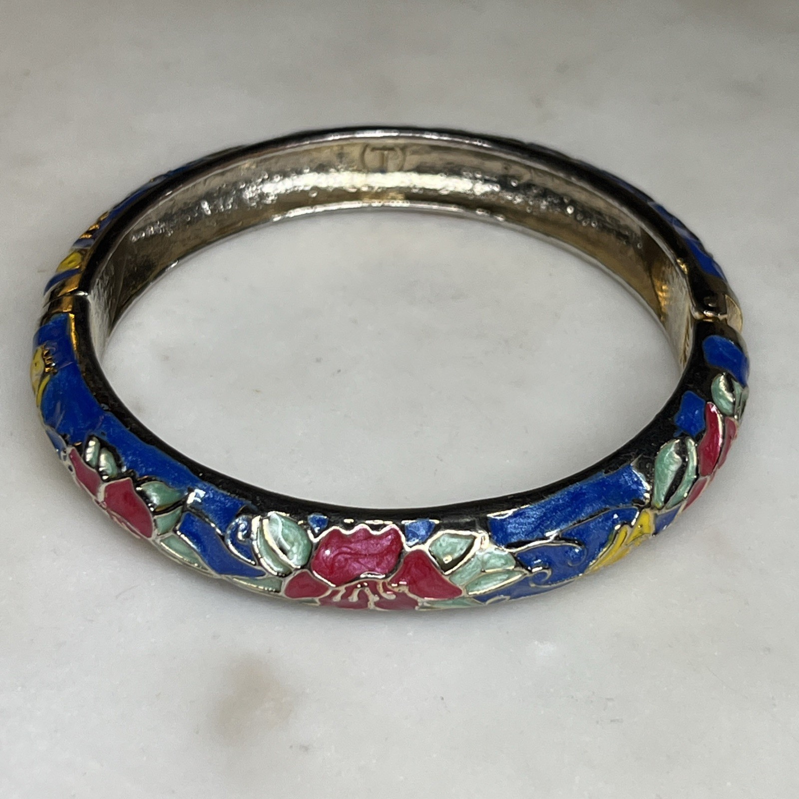 Cloisonne Enamel Bracelet Spring Hinged Blue Red Yellow Floral Bangle Gold Tone