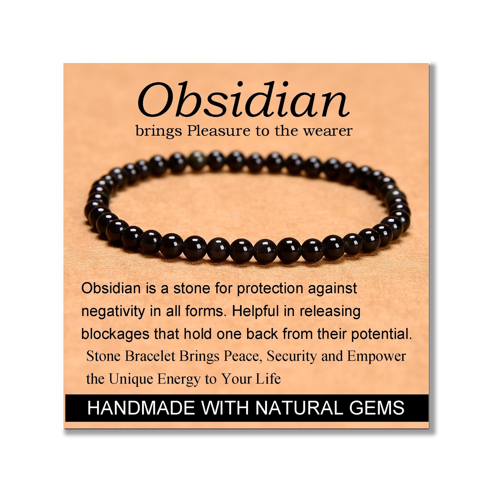 Black Obsidian – Stone of Pleasure – Handmade Yoga Stretch Elastic Bracelet N…