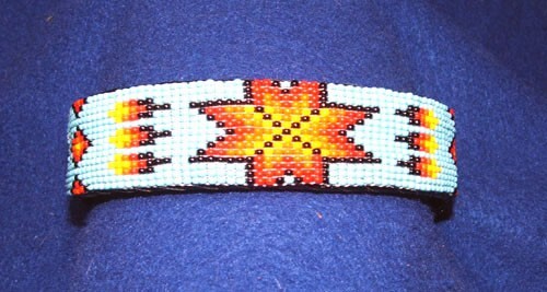 Light Blue Starburst Beaded Cuff Bracelet 1″W x7″ L Leather Backed Adjustable