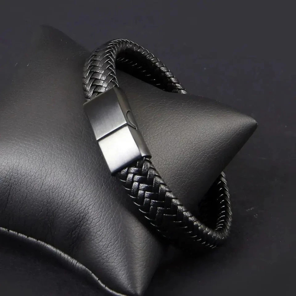 Black Bracelet Men’s Braided Leather Bangle Stainless Steel Cuff Wristband USA