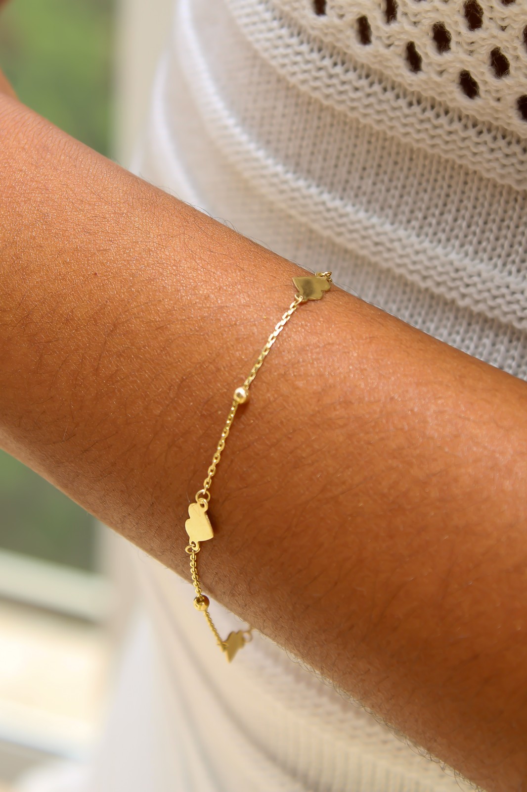 14k Solid Gold Dainty Heart Bracelet Adjustable from 7″ to 7.5″ 1mm Cable Chain