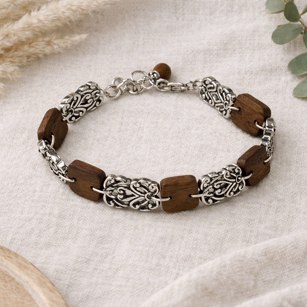 Brighton Katu Sequoia Wood & Silver Filigree Bracelet 7″ Nature Boho Chic Beauty