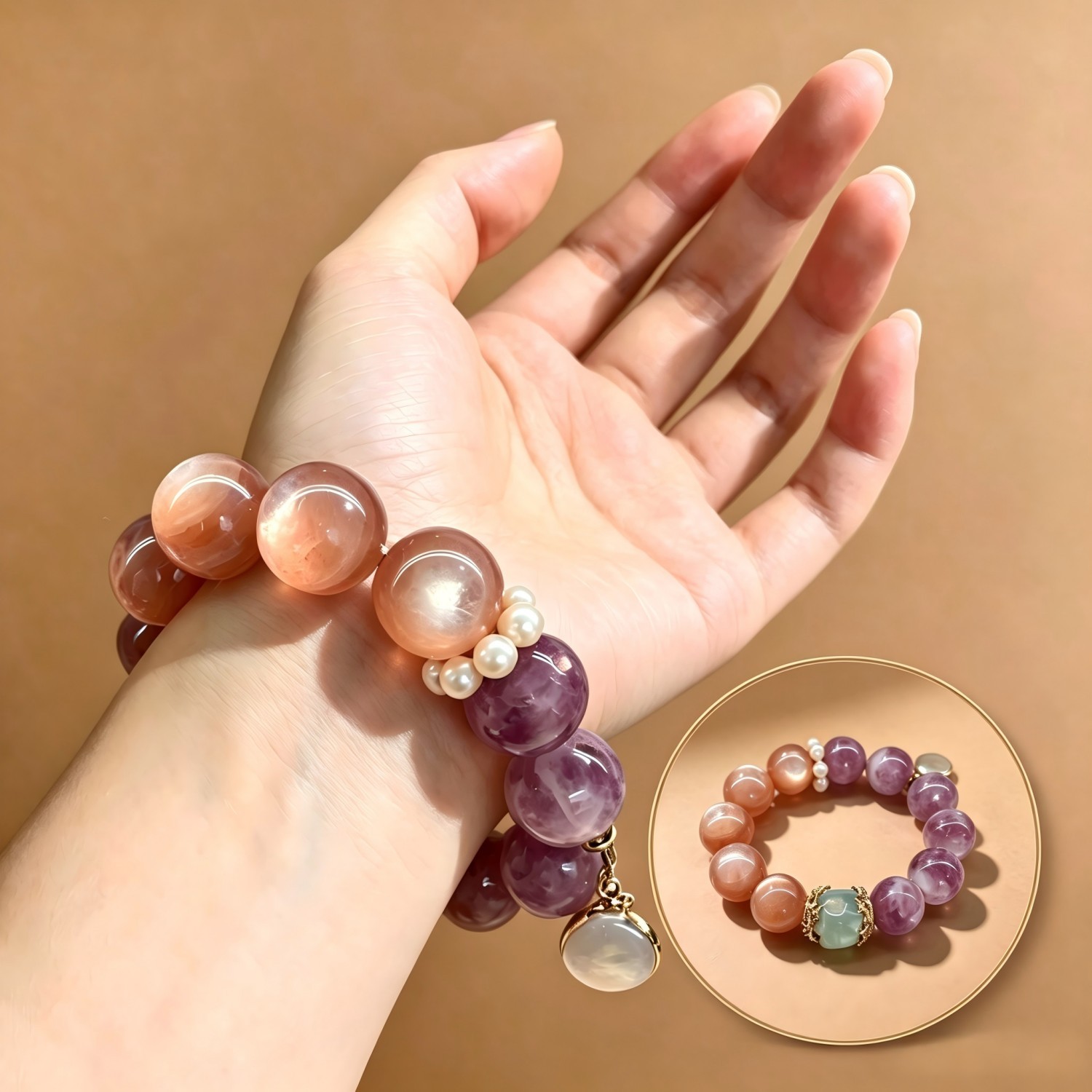 16mm Natural Gemstone Crystal Lepidolite Sunstone Pearl Baroque Bracelet Women