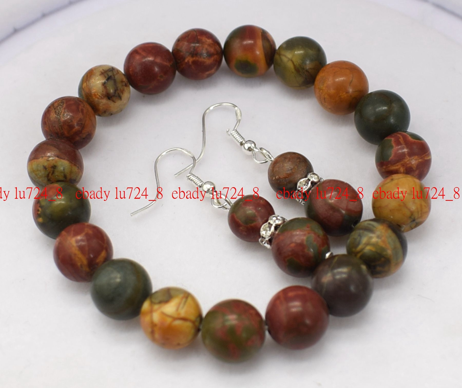 8/10/12mm Natural Multicolor Jasper Round Gems Elastic Bracelet Earrings 7.5″